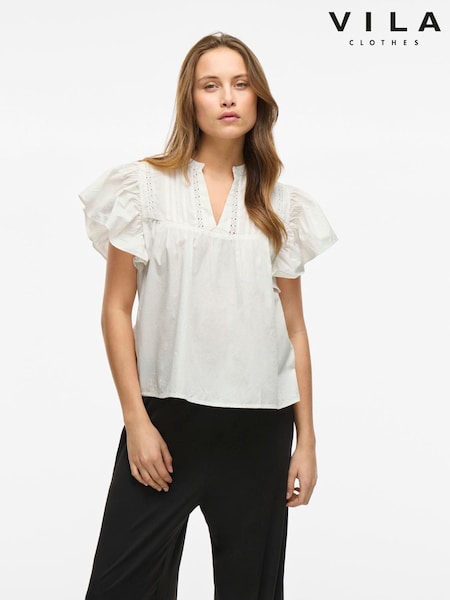 VILA White V-Neck Ruffle Sleeve Top (W57214) | €35