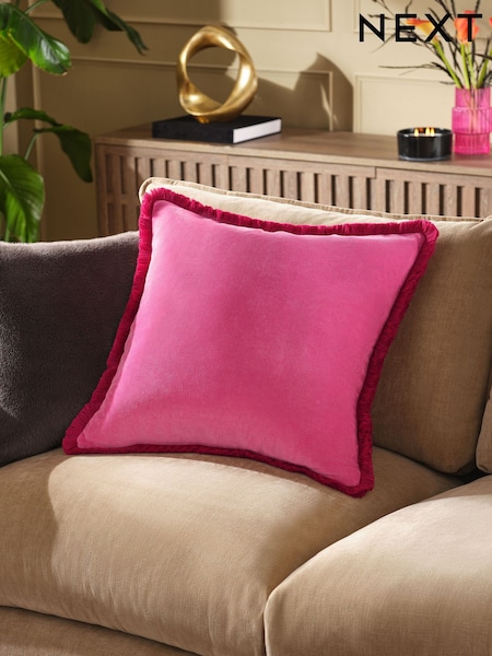 Fushsia Pink 59 x 59cm Soft Velour Contrast Fringe Cushion (W57239) | AED93