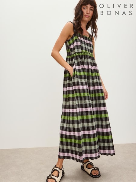 Oliver Bonas Black Checked Scalloped Strappy Midi Dress (W57254) | 4,686 UAH