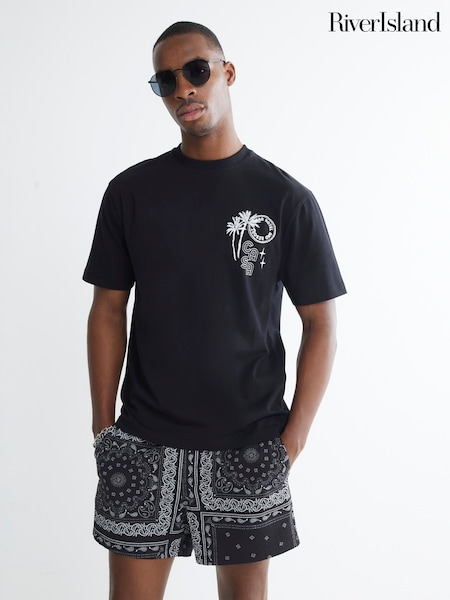 River Island Black Casa Hotel Beaded 100% Cotton T-Shirt (W57283) | R$ 315