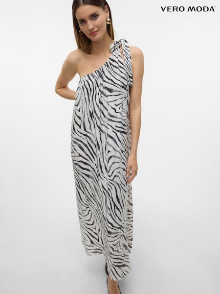 VERO MODA White Linen Blend One Shoulder Tie Dress In Zebra Print (W57644) | €79