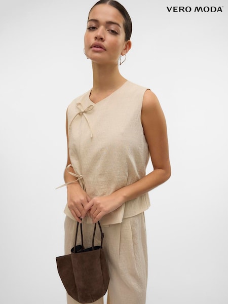 VERO MODA Cream Linen Blend Tie Side Waistcoat (W57646) | €58