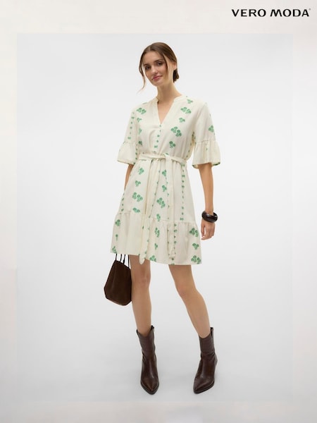 VERO MODA White V-Neck Linen Blend Floral Print Dress with Tie Belt (W57648) | €64