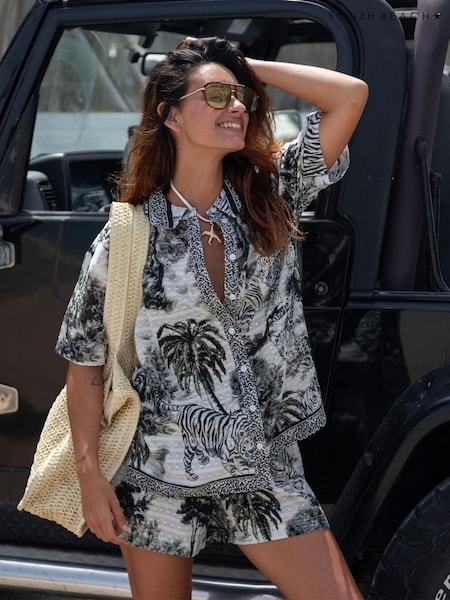 South Beach Black Cotton Safari Printed Short Sleeve Shirt (W57825) | €48