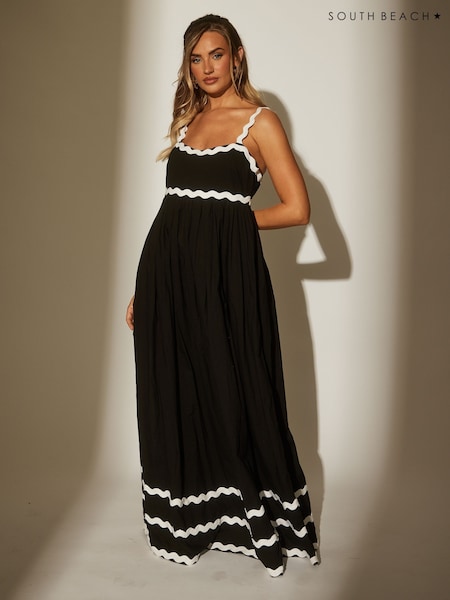South Beach Black 100% Cotton Ric Rac Detail Maxi Dress (W57826) | R$ 535