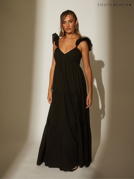South Beach Black 100% Cotton Frill Sleeve Tiered Maxi Dress (W57828) | R$ 485