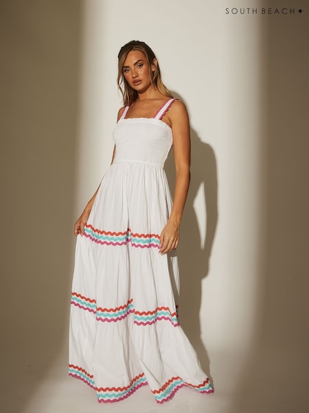 South Beach White 100% Cotton Ric Rac Shirred Tiered Maxi Dress (W57829) | R$ 640