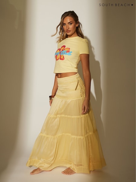 South Beach Yellow 100% Cotton Tiered Contrast Maxi Beach Skirt (W57830) | R$ 545
