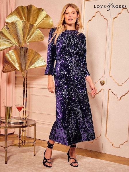 Love & Roses Purple Sequin Flute Sleeve Midi Dress (W57842) | €101