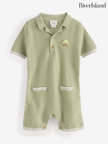 River Island Green Baby Boys Textured Bear 100% Cotton Romper (W57873) | €31