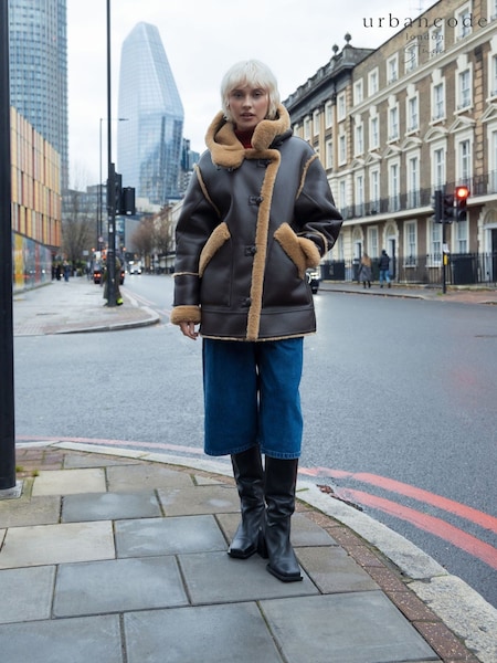 Urban Code Brown Chocolate Shearling Look Hooded Aviator Jacket (W57974) | €215
