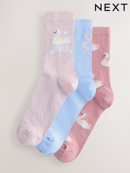 Pink/Blue Swans Ribbed Ankle Socks 3 Pack (W57988) | 40 QAR