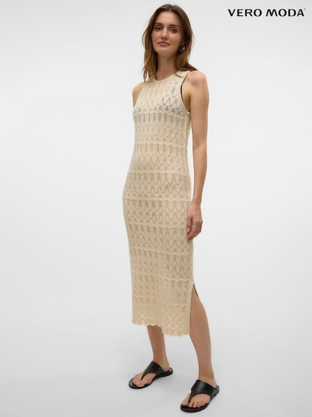 VERO MODA Cream Sleeveless Calf Length Knitted Crochet Dress (W57998) | €52