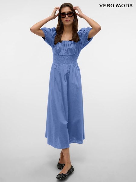 VERO MODA Blue Puff Sleeve Square Neck Shirred 100% Cotton Maxi Dress (W58001) | €59