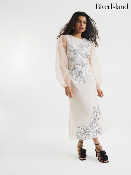 River Island Pink Petite Floral Print Appliqué Dress (W58121) | 440 QAR