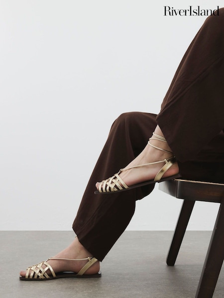 River Island Gold Leather Caged Tie Up Sandals (W58139) | €54