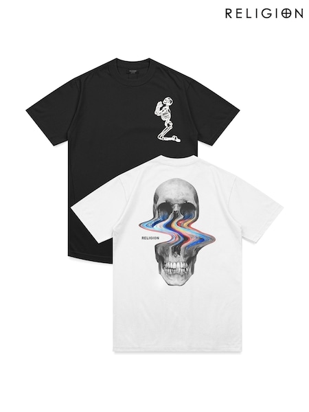 Religion White Distorted Skull & Classic Core 100% Cotton T-Shirts 2 Pack (W58187) | R$ 545