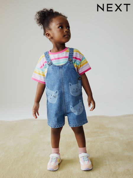 Mid Wash Denim Cat Printed Dungarees and T-Shirt Set (3mths-7yrs) (W58286) | AED122 - AED132