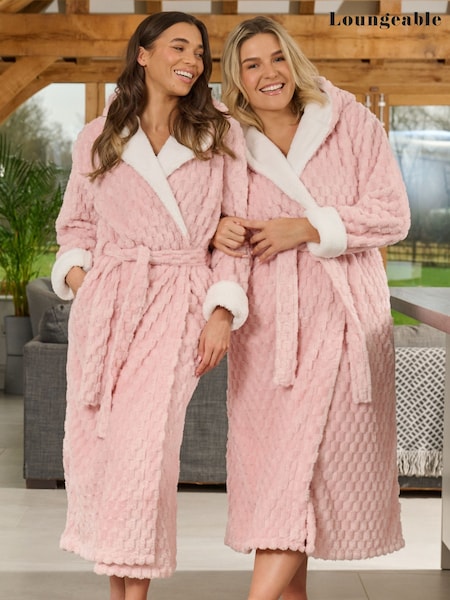 Loungeable Pink Geometric Luxury Fleece Hooded Maxi Dressing Gown (W58618) | €45