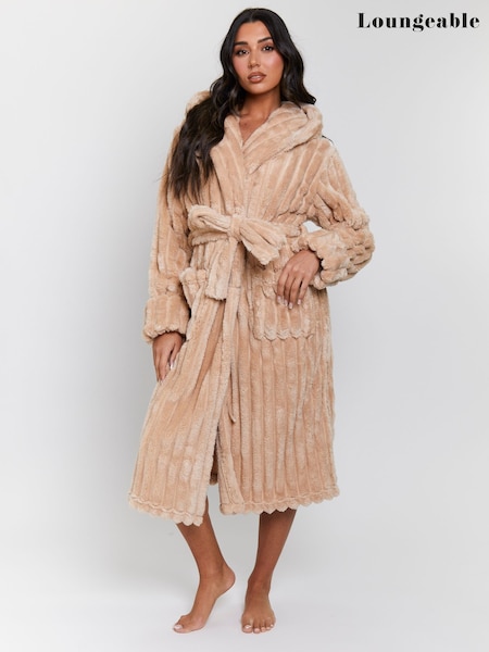 Loungeable Beige Plush Ridged Fleece Midi Hooded Dressing Gown (W58625) | R$ 375