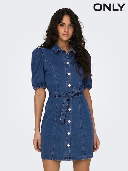 ONLY Blue Short Sleeve Tie Waist Midi Denim Dress (W58648) | € 66