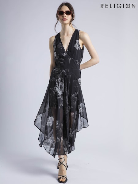Religion Black Aida Midi Dress In Dark Floral With Handkerchief Hem (W58685) | €156