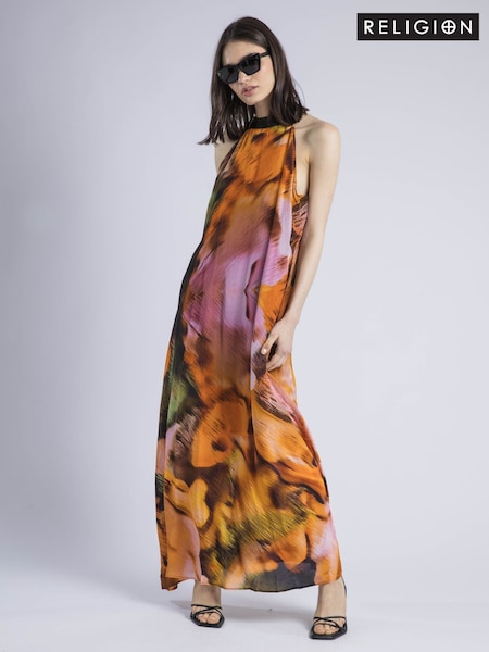 Religion Orange 100% Cotton Glow Halterneck Maxi Dress In Bright Abstract Print (W58686) | €161