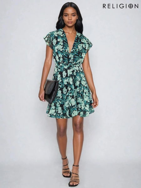 Religion Green Prominence Wrap Mini Dress In Green Floral (W58688) | €95