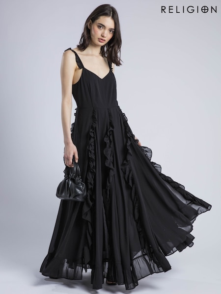 Religion Black 100% Cotton Kate Maxi Ruffle Dress With Spaghetti Straps (W58690) | €156