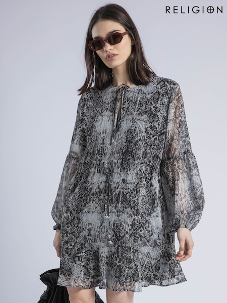 Religion 100% Cotton Eternity Mini Dress With Neck Tie In Snake Skin Print (W58693) | 655 LEI