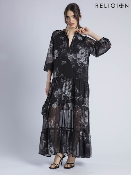 Religion Cala Tiered Boho 100% Cotton Maxi Dress In Dark Floral Print (W58694) | ‏578‏₪