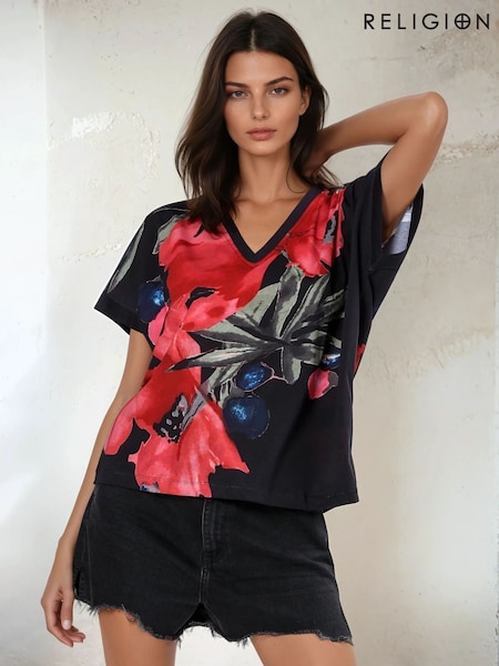 Religion Black 100% Cotton Cloak Jersey Top With Pink And Red Floral Print (W58705) | $101