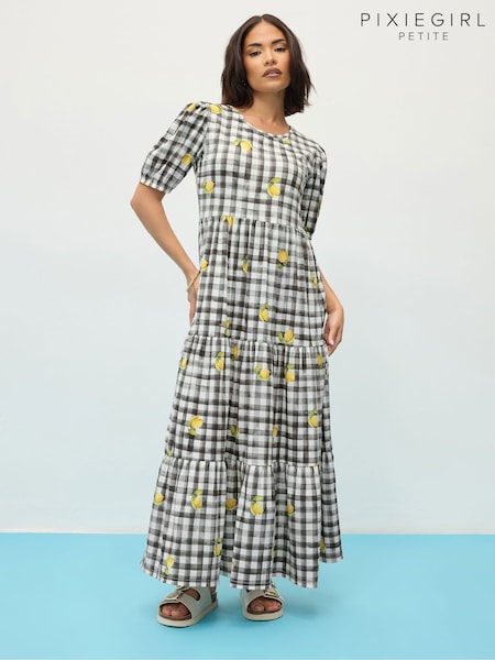 PixieGirl Petite Black Gingham Tiered Dress (W58724) | AZN 88