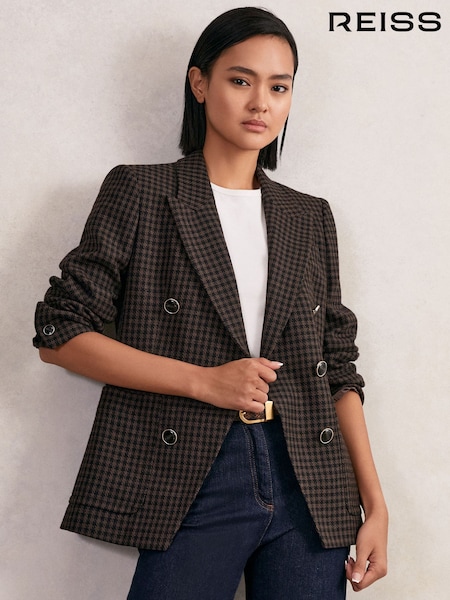 Reiss Brown Check Ayla Wool-Blend Double-Breasted Check Blazer (W58931) | AED2,146
