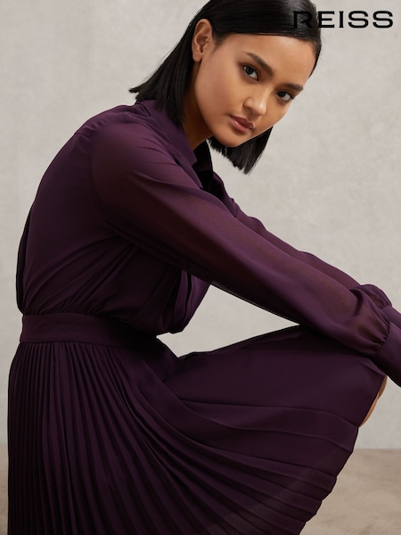 Reiss Burgundy Giselle Pleated Sheer-Sleeve Mini Dress (W58958) | €255