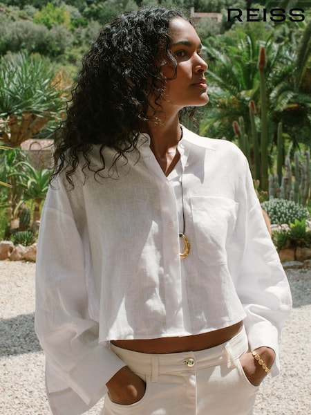 Reiss White Solena Linen Oversize Cropped Shirt (W58965) | €145