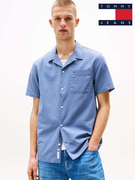 Tommy Jeans Blue Linen Blend Regular Short Sleeve Shirt (W59138) | SGD 106