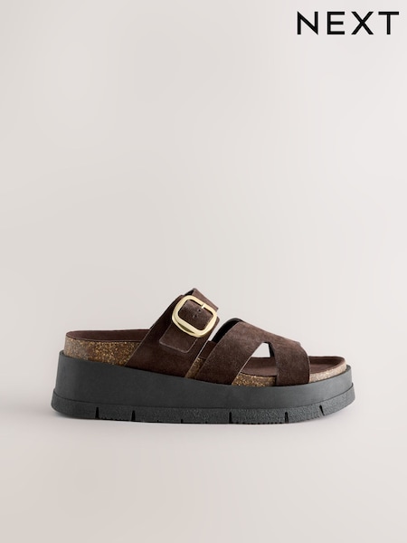 Chocolate Brown Forever Comfort® Leather Strap Buckle Detail Sandals (W59189) | €70.50