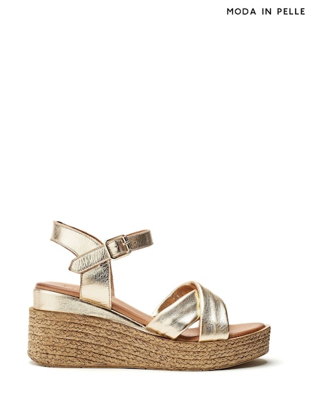ذهبي - Moda in Pelle Kona Comfort Leather Wedge Sandals With Raffia Heels (W59196) | ‏518 د.إ.‏