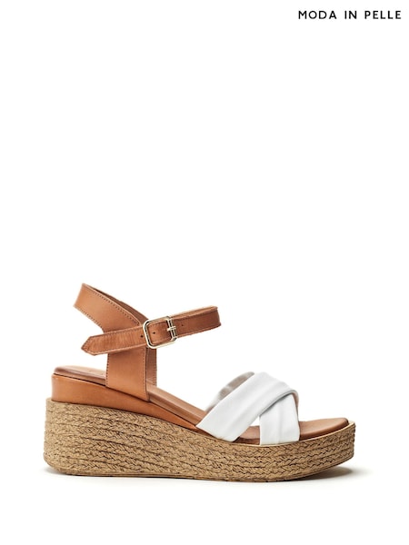 أبيض - Moda in Pelle Kona Comfort Leather Wedge Sandals With Raffia Heels (W59209) | ‏518 د.إ.‏