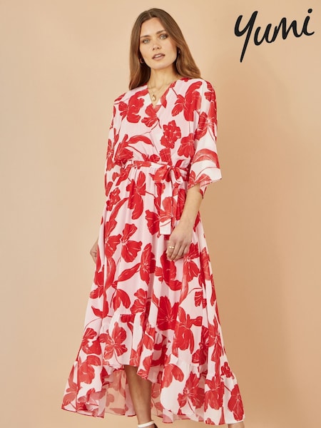 Yumi Red Kimono Sleeves Midi Dip Hem Wrap Midi Dress (W59242) | €86