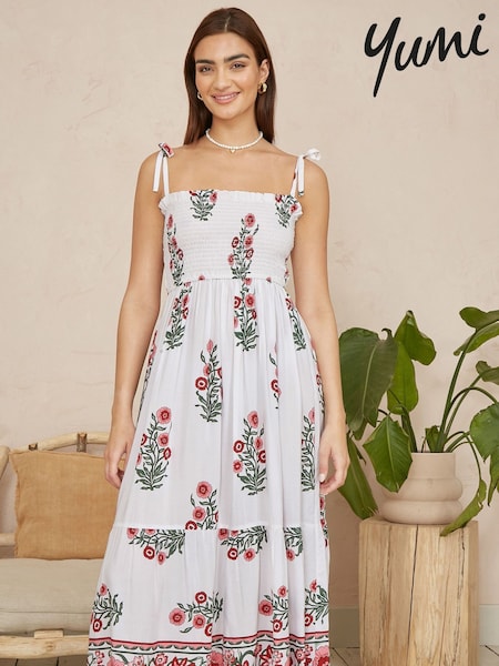 Yumi White Floral Printed Smocked Midi Dress (W59253) | €63