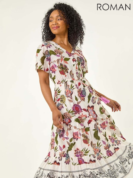 Roman White Petite Floral Print Dobby Print 100% Cotton Midi Dress (W59314) | €69