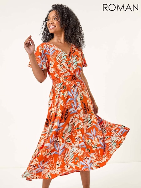 Roman Petite Leaf Print Shirred Midi Dress (W59335) | 71 €