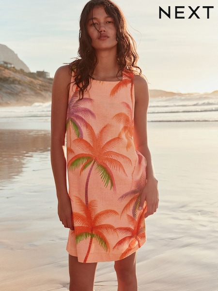 Coral Pink Palm Print Linen Rich Square Neck Shift Mini Dress (W59401) | $69