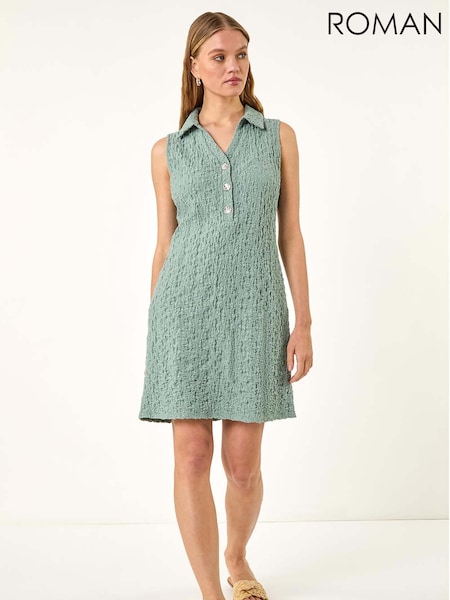 Roman Green Crinkle Collared A-Line Stretch Dress (W59426) | R$ 580