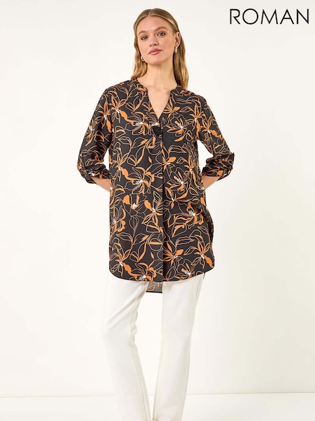 Roman Black Floral Print Longline Buttoned Blouse (W59427) | 3,154 UAH