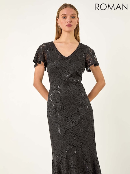 Roman Black Sequin Lace Ruffle Stretch Midi Dress (W59432) | €99