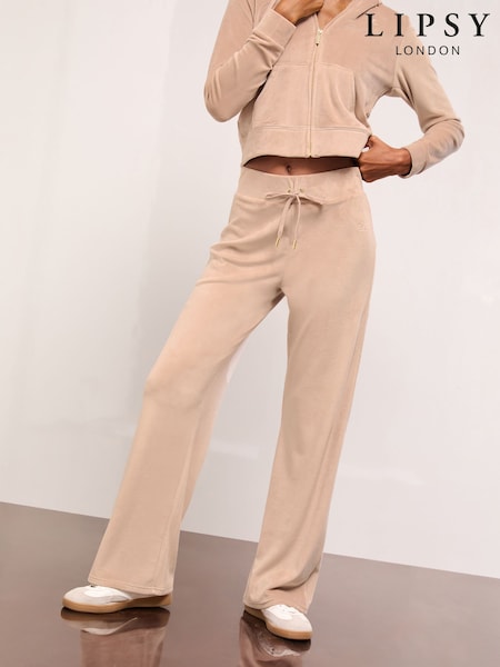 Lipsy Brown Embroidered Velour Relaxed Wide Leg Joggers (W59519) | €40