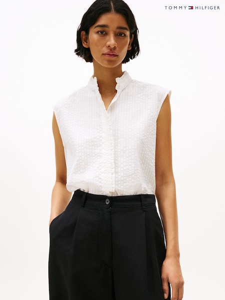 Tommy Hilfiger White Seersucker Ruffle Sleeveless Shirt (W59883) | €114
